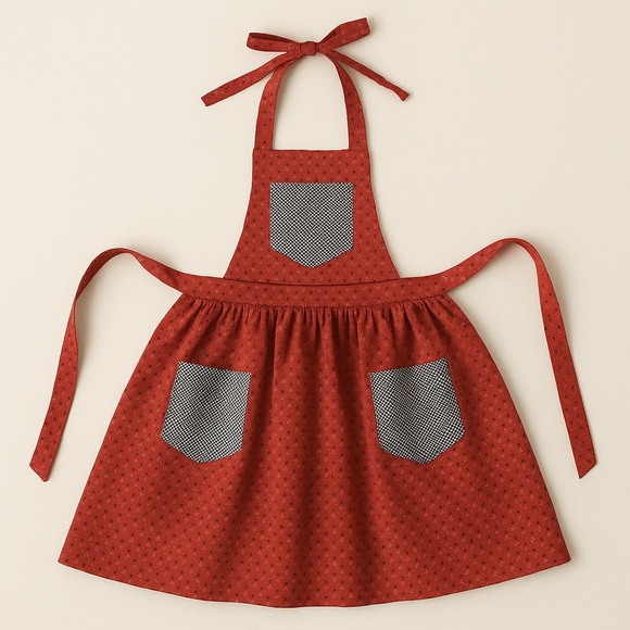 Handmade Red Cotton Gingham 3-Pocket Halter Apron Retro Kitchen‎ OS - Picture 2 of 16